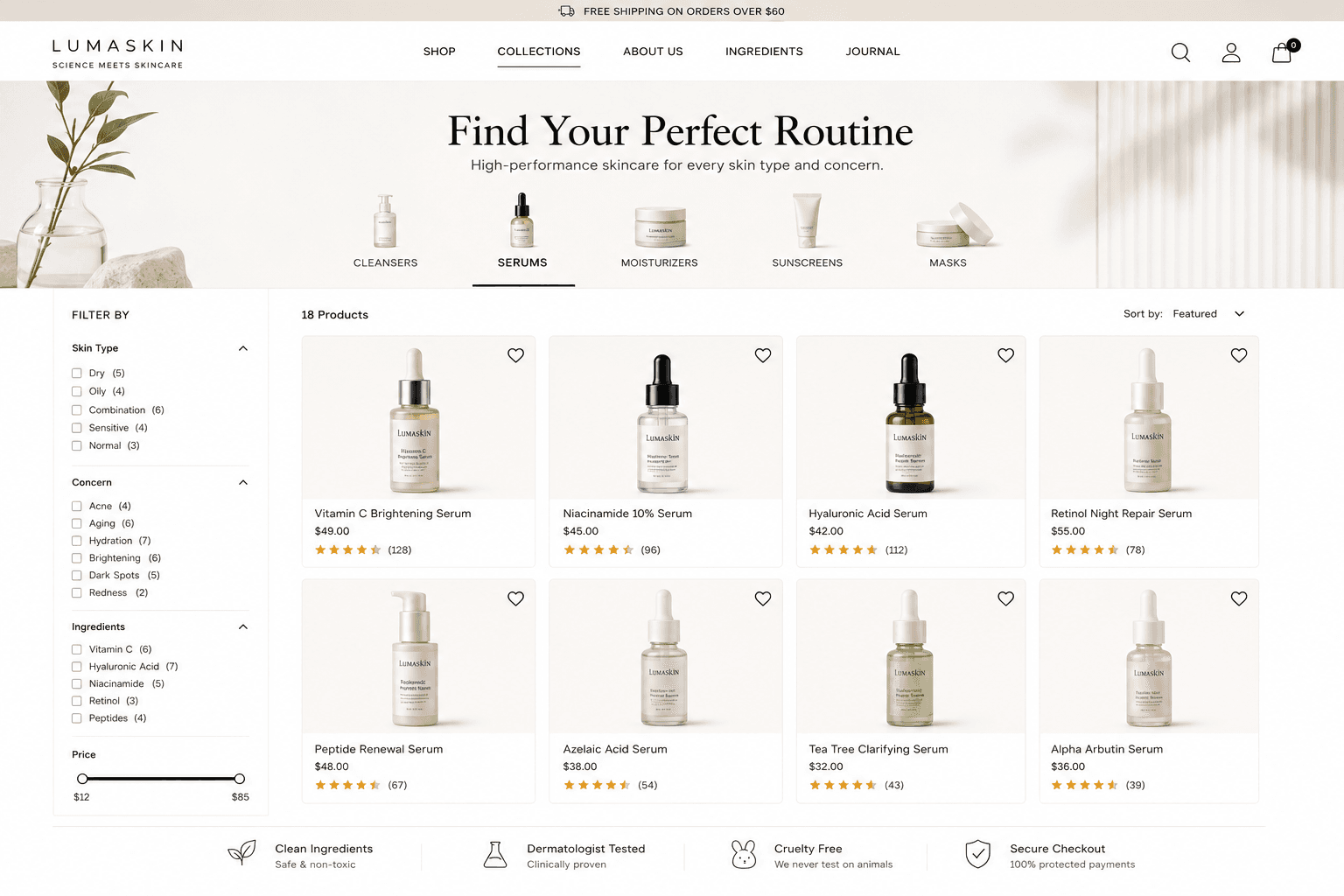 LumaSkin shop and collection page