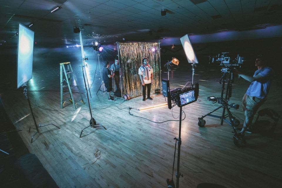 Behind the scenes on a video production set