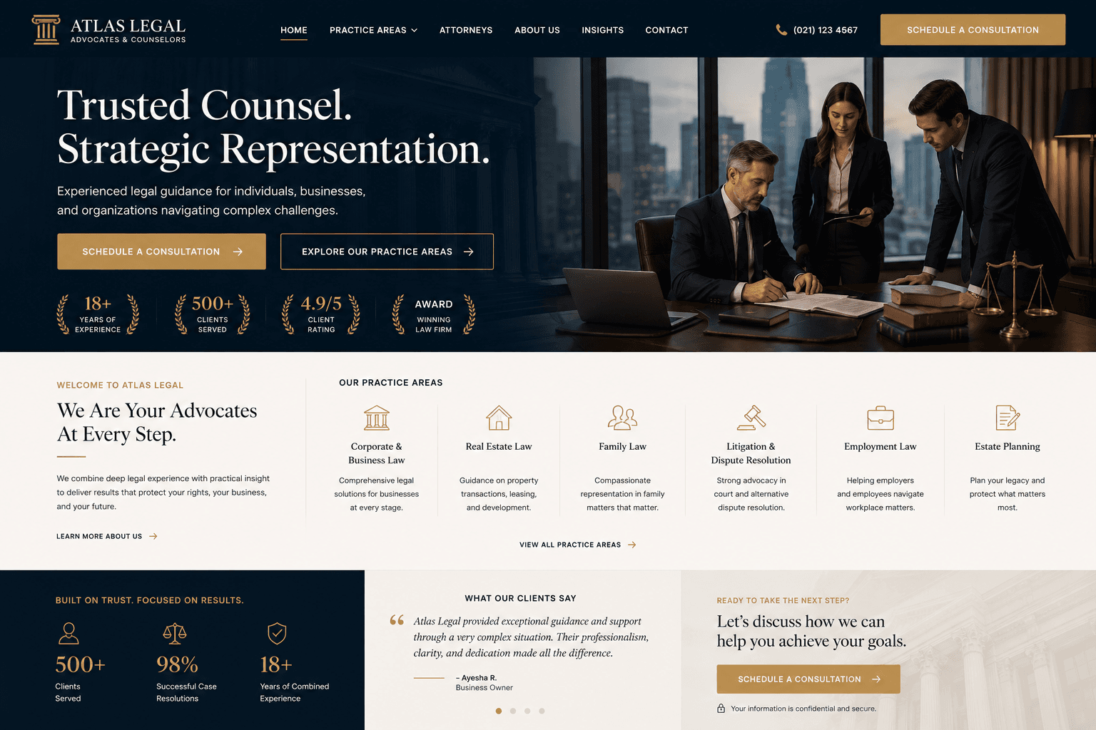 Atlas Legal homepage hero — Trusted Counsel, Strategic Representation