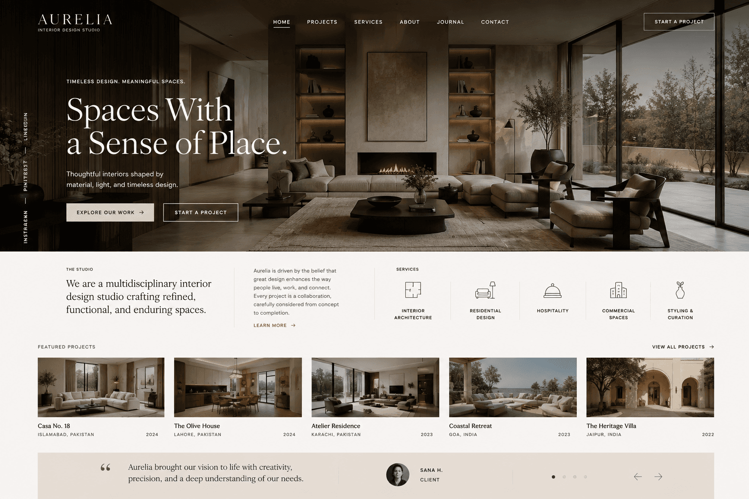 Aurelia homepage hero — Spaces With a Sense of Place