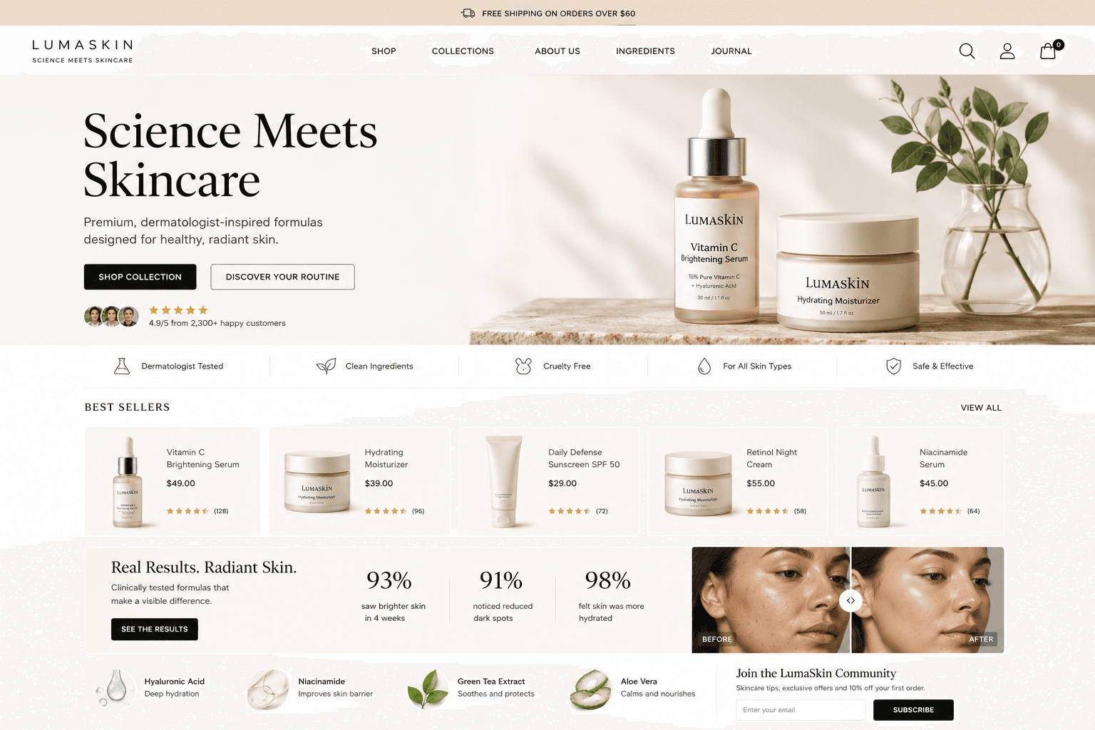 LumaSkin homepage hero — Science Meets Skincare