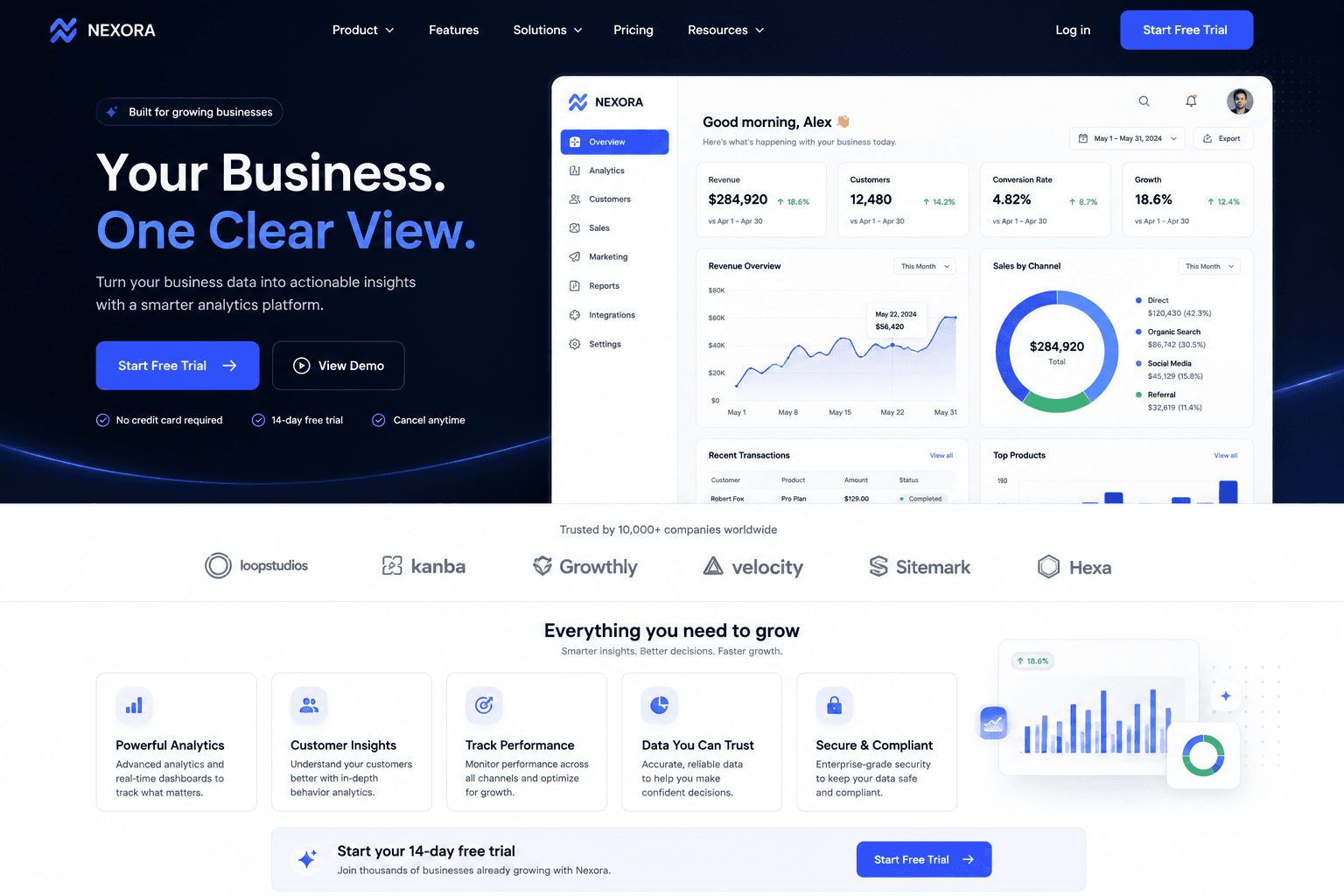 Nexora marketing site hero — Your Business. One Clear View.